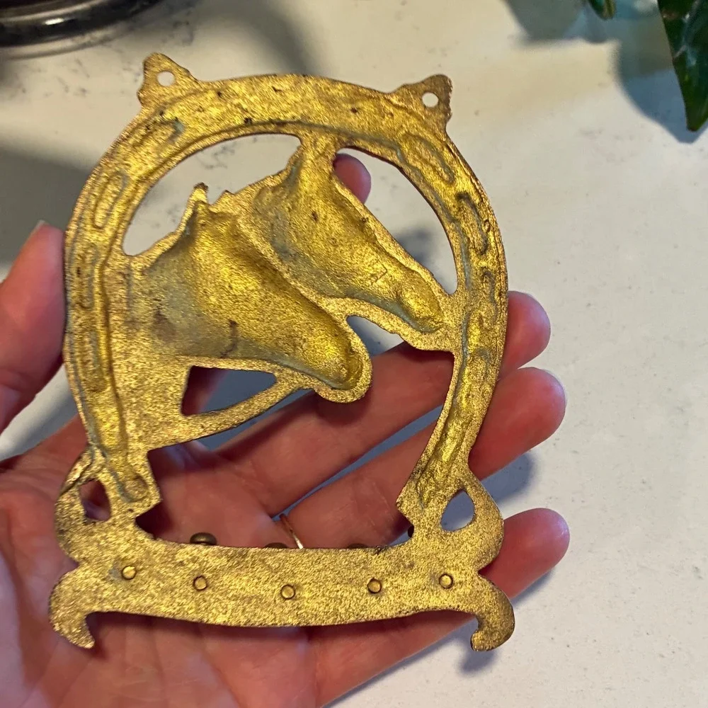 Key Rack Brass Horse Head Horseshoe 5 Hook Wall Mount Decor Equestrian Western